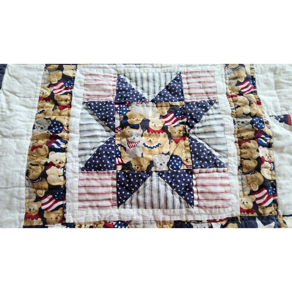 Sunham Quilted Pillow Shams 20x36 Cotton Patriotic Teddy Bear Americana Stars